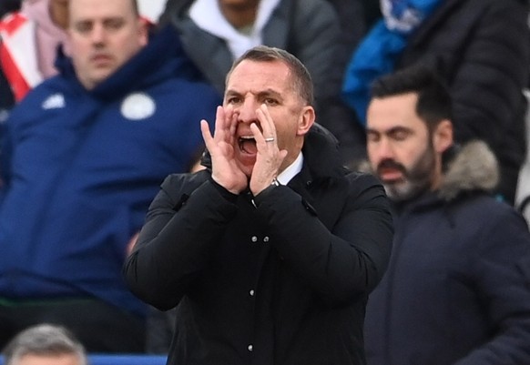 epa09593625 Leicester City manager Brendan Rodgers during the English Premier League match between Leicester City and Chelsea in Leicester, Britain, 20 November 2021. EPA/ANDY RAIN EDITORIAL USE ONLY. ...