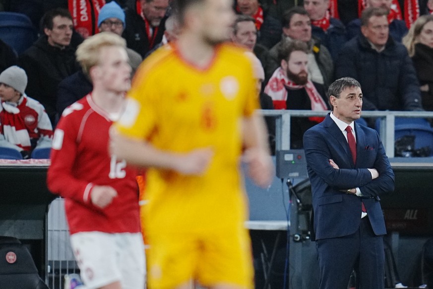 epa12852276 North Macedonias coach Goce Sedloski reacts during the FIFA World Cup 2026 European playoffs soccer match between Denmark and North Macedonia at Parken in Copenhagen, Denmark, 26 March 202 ...
