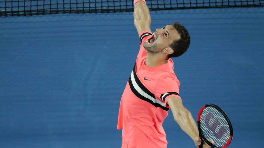 Bulgaria&#039;s Grigor Dimitrov celebrates after defeating Australia&#039;s Nick Kyrgios during their fourth round match at the Australian Open tennis championships in Melbourne, Australia Sunday, Jan ...