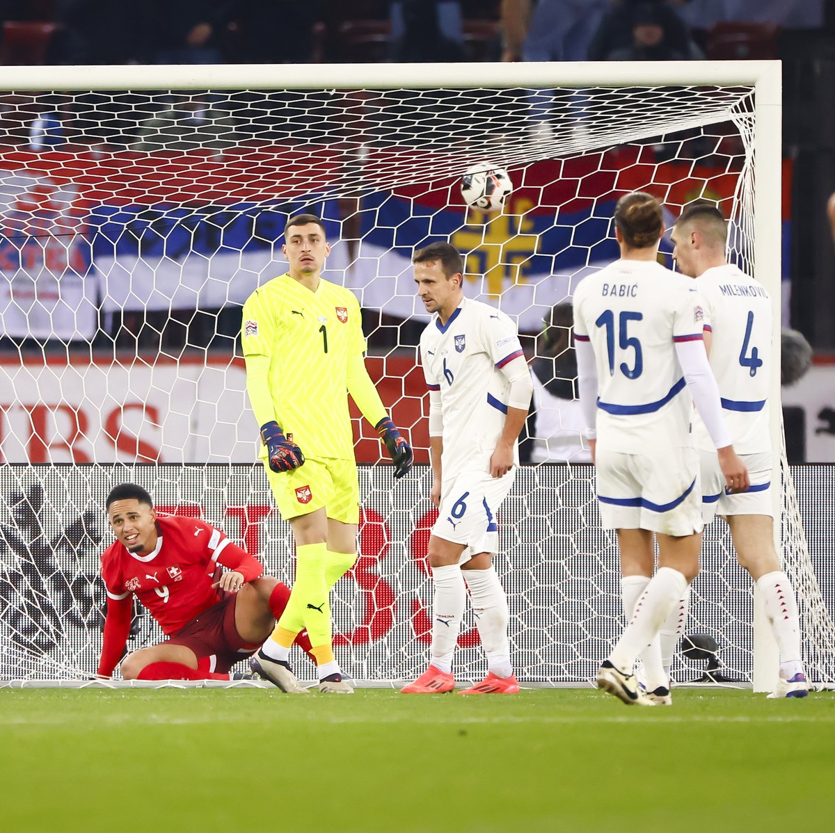 Switzerland's forward Noah Okafor, center, reacts, during the UEFA Nations League soccer match between Switzerland and Serbia at the Letzigrund stadium in Zurich, Switzerland on Friday, November  ...