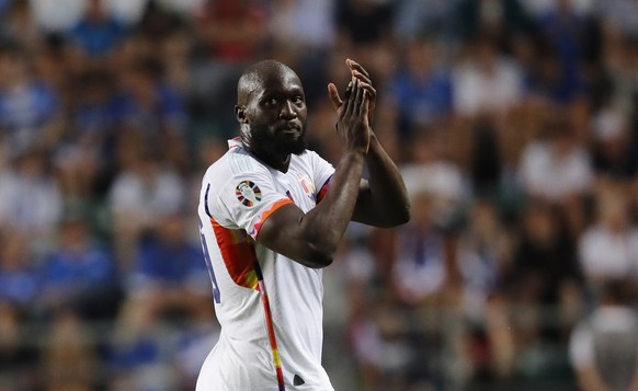 epa10702675 Romelu Lukaku of Belgium reacts during the UEFA EURO 2024 qualification group match between Estonia and Belgium in Tallinn, Estonia, 20 June 2023. EPA/TOMS KALNINS