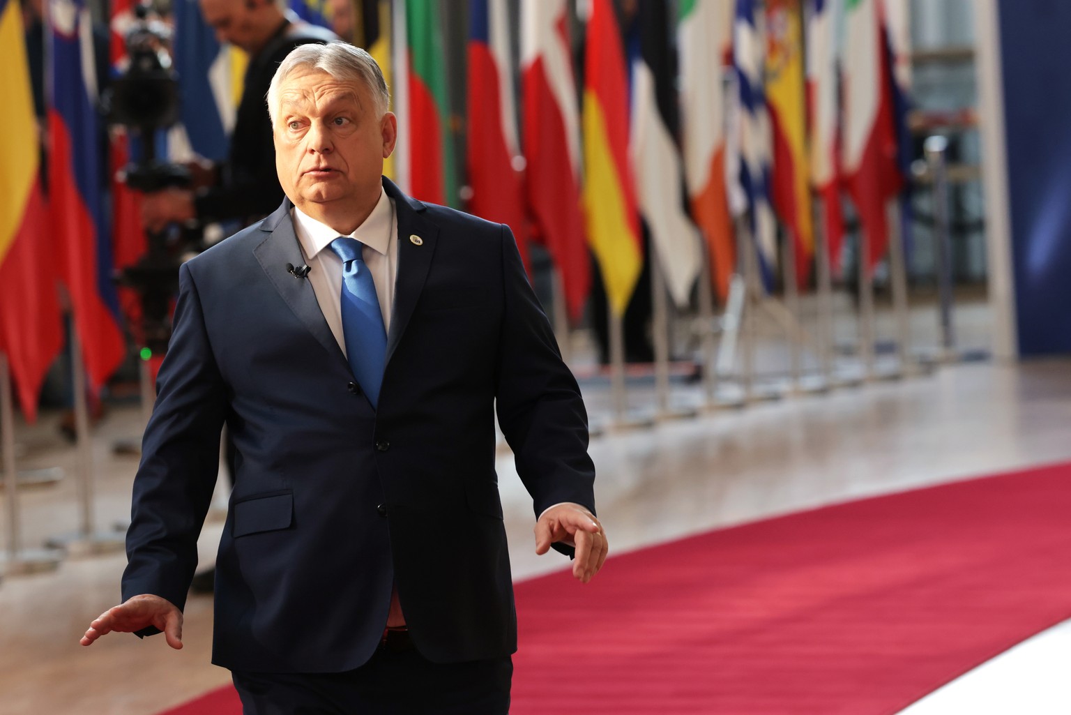 epa12832066 Hungarian Prime Minister Viktor Orban arrives for a formal meeting of the members of the European Council in Brussels, Belgium, 19 March 2026. Leaders are expected to discuss the situation ...