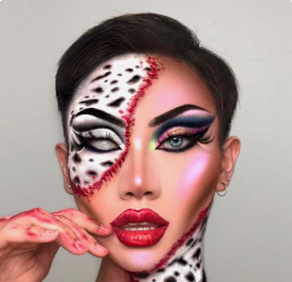The colored contact lens completes the look.