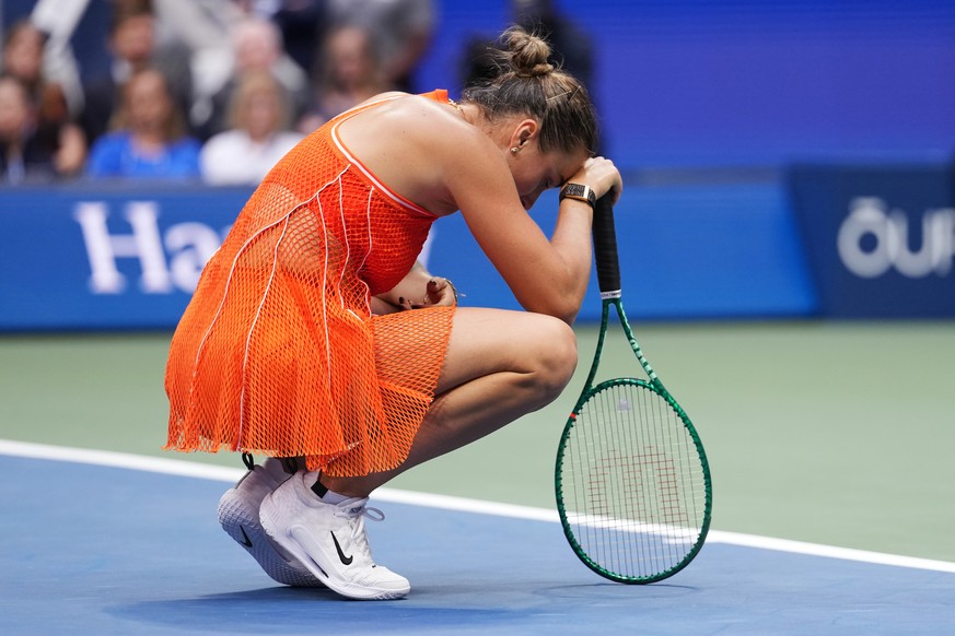 Aryna Sabalenka, of Belarus, reacts during the women's singles final of the U.S. Open tennis championships against Elena Rybakina, of Kazakhstan, Saturday, Sept. 12, 2026, in New York. (AP Photo/ ...