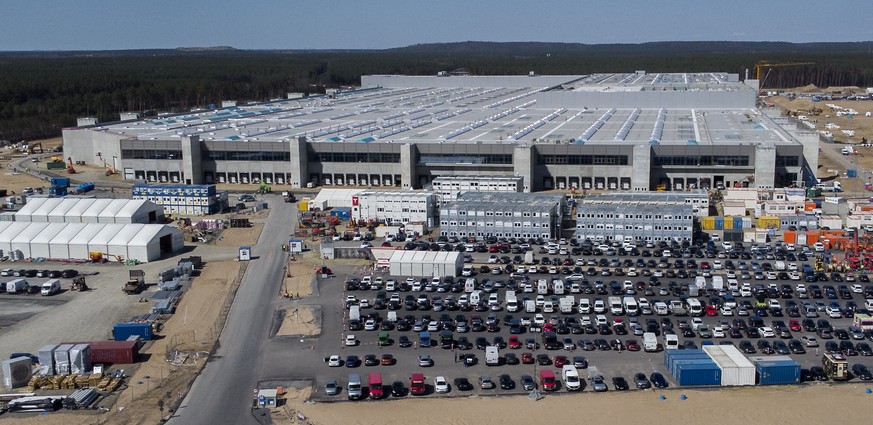 The construction site of the new Tesla Gigafactory for electric cars is pictured in Gruenheide near Berlin, Germany, Tuesday, April 27, 2021. Factories in Berlin and Austin, Texas, are on track to sta ...