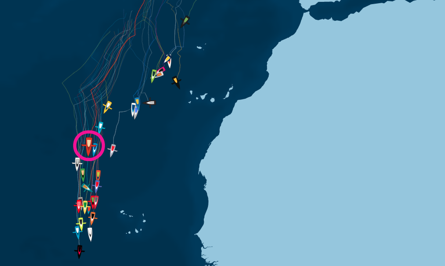 Der aktuelle Zwischenstand der Vendée Globe: Alan Roura (eingekreist) liegt im hinteren Mittelfeld.