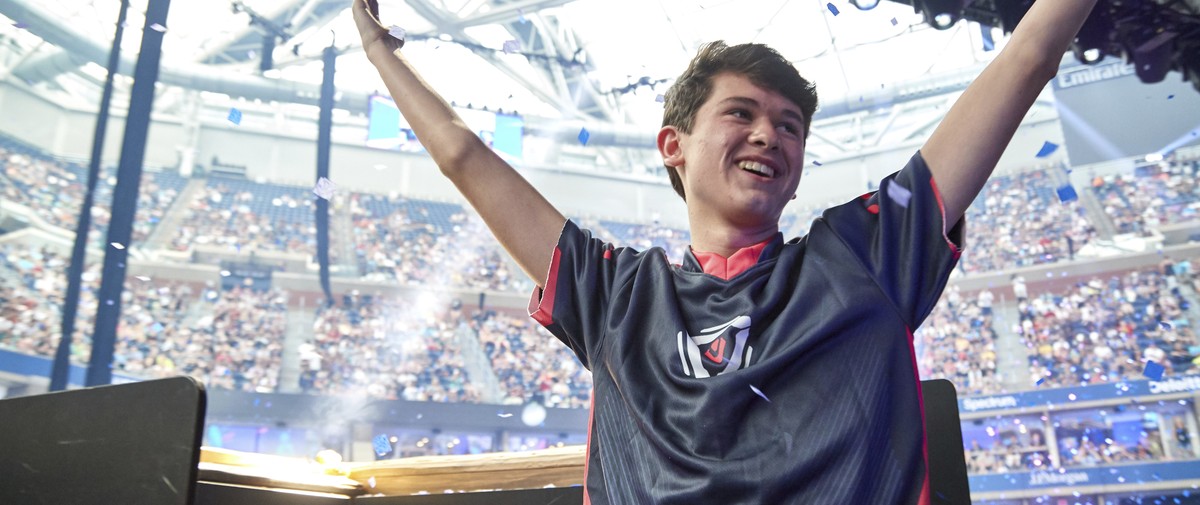In this Sunday, July 28, 2019 photo provided by Epic games, Kyle Giersdorf reacts after he won the Fortnite World Cup solo finals in New York. Giersdorf, of Pottsgrove, Pa. who goes by the name " ...