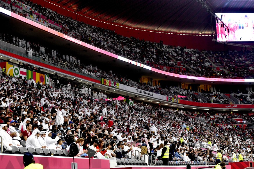 epa09613022 A general view of the stands prior to the FIFA Arab Cup group A soccer match between Qatar and Bahrain in Al Khor, Qatar, 30 November 2021. EPA/Noushad Thekkayil