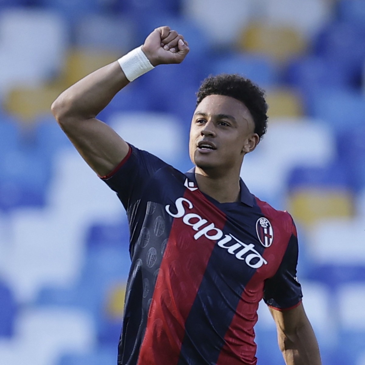 Bologna's Dan Ndoye celebrates after scoring during the Serie A soccer match between Napoli and Bologna at the Diego Armando Maradona Stadium in Naples, Italy, Saturday, May 11 , 2024. (Alessandr ...