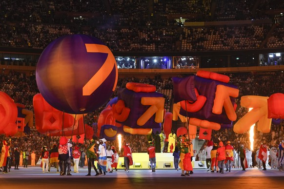 Actors perform during the closing ceremony before the World Cup final soccer match between Argentina and France at the Lusail Stadium in Lusail, Qatar, Sunday, Dec. 18, 2022. (AP Photo/Petr David Jose ...