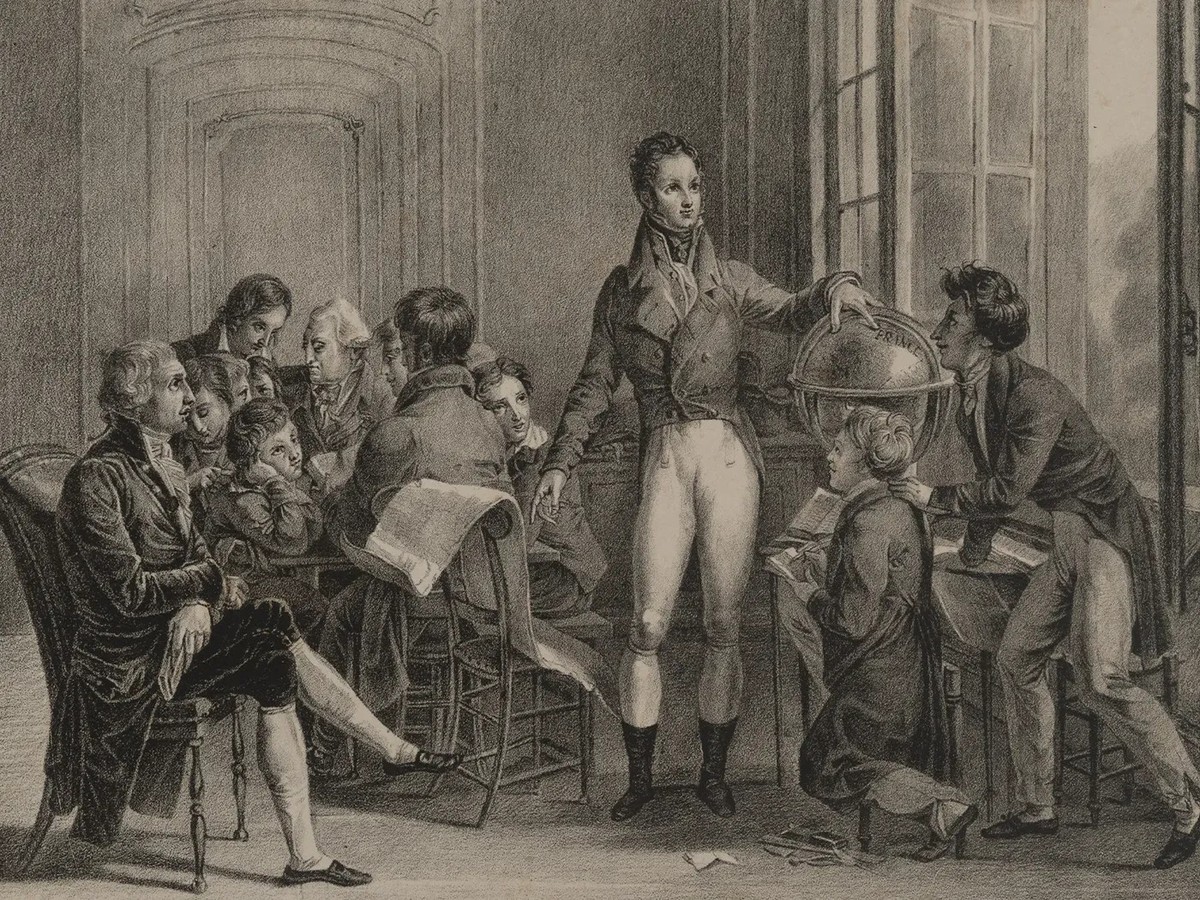 Der spätere König als Inkognito-Lehrer in Reichenau: Louis-Philippe zeigt auf den Globus.
https://permalink.nationalmuseum.ch/100154464