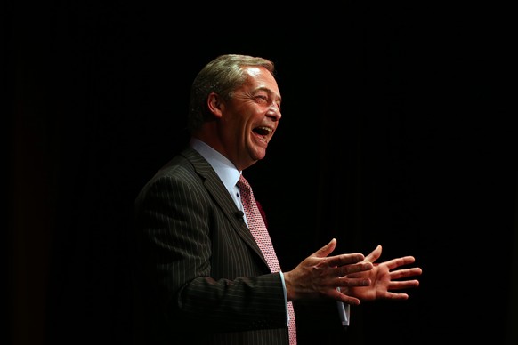 RAMSGATE, ENGLAND - MAY 06: Ukip leader Nigel Farage addresses supporters during his final rally before the general election on May 6, 2015 in Ramsgate, England. Mr Farage is canvassing in South Thane ...