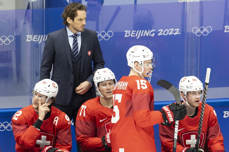 Patrick Fischer, head coach of Switzerland national ice hockey team, looks the game, during the men's ice hockey qualification play-off game between the Czech Republic and Switzerland at the Nati ...