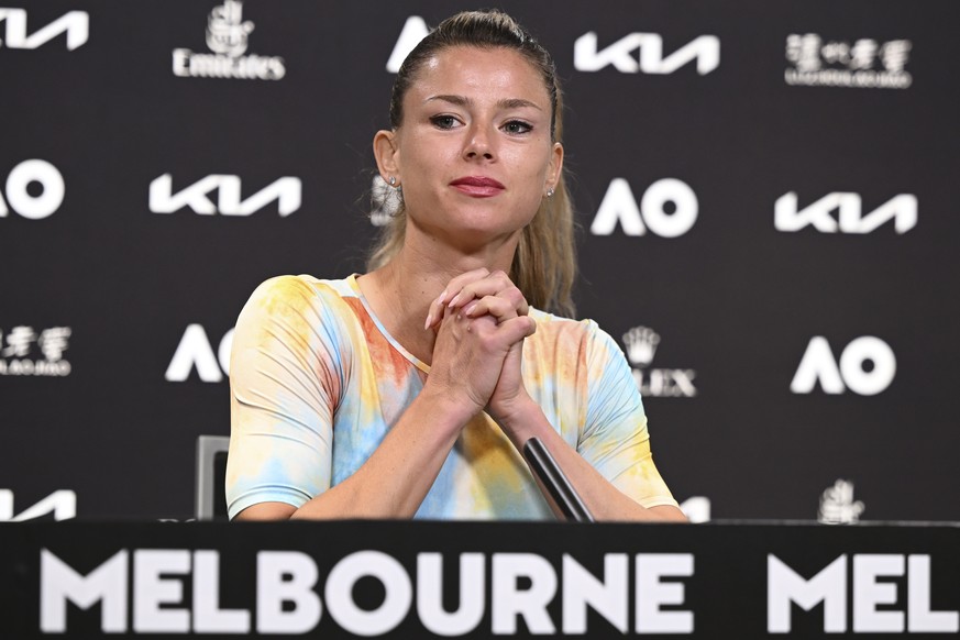 Italy&#039;s Camila Giorgi reacts during a player press conference at the 2023 Australian Open tennis championship in Melbourne Australia, Tuesday, Jan. 17, 2023. (Vince Caligiuri/Tennis Australia via ...