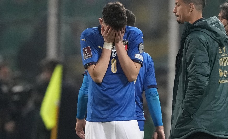 Italy&#039;s Jorginho cries after his team&#039;s got eliminated in the World Cup qualifying play-offsoccer match between Italy and North Macedonia, at Renzo Barbera stadium, in Palermo, Italy, Thursd ...