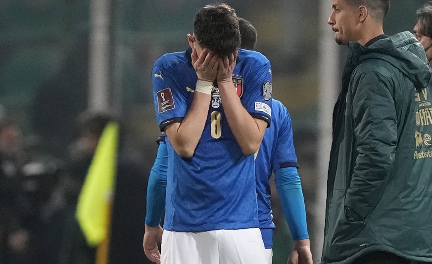 Italy's Jorginho cries after his team's got eliminated in the World Cup qualifying play-offsoccer match between Italy and North Macedonia, at Renzo Barbera stadium, in Palermo, Italy, Thursd ...