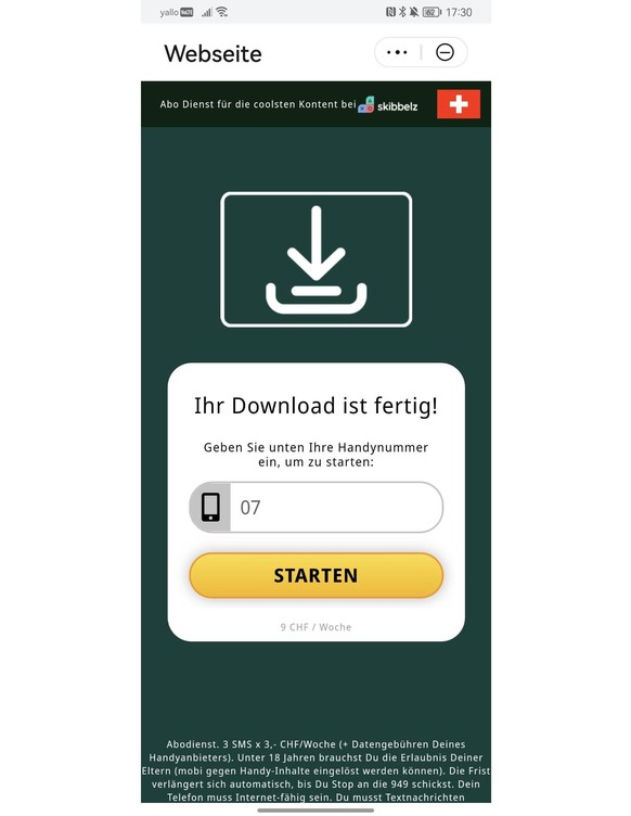 Auf den App-Downloadseiten lauern Abofallen. Wer hier seine Nummer eingibt, bezahlt automatisch 9 Franken pro Woche.