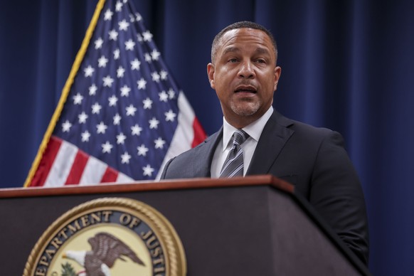 epa11675399 United States Attorney for the Eastern District of New York Breon Peace speaks during a press conference on the arrest of former Abercrombie &amp; Fitch CEO Mike Jeffries, along with Matth ...