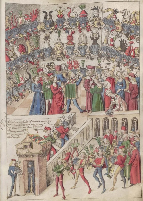 Am Tag vor Turnieren werden die Helmziere ausgestellt. Zahlreiche Damen wohnen der Helmschau bei. Von einem, der nicht Turniergenosse ist, verlangt man die Entfernung des Helms. Miniatur im Wappenbuch ...