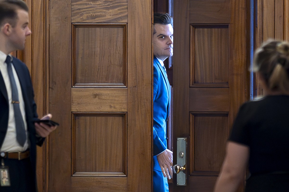 FILE - President-elect Donald Trump's nominee to be attorney general, former Rep. Matt Gaetz, R-Fla., closes a door to a private meeting with Vice President-elect JD Vance and Republican Senate J ...