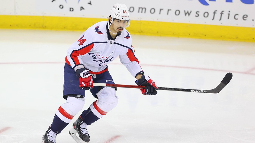 NEWARK, NJ - FEBRUARY 22: Washington Capitals defenseman Jonas Siegenthaler 34 during the second period of the National Hockey League game between the New Jersey Devils and the Washington Capitals on  ...