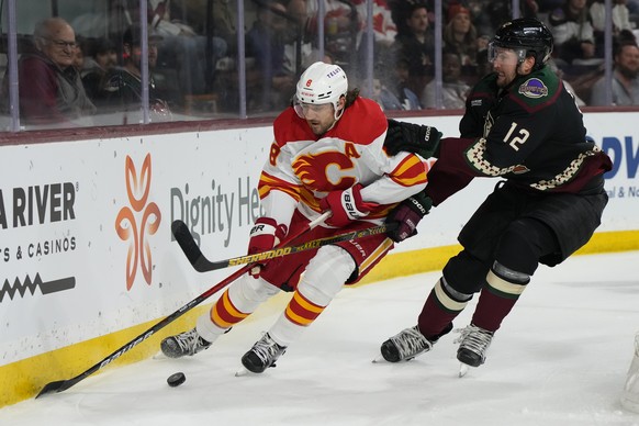 Calgary Flames defenseman Chris Tanev (8) shields the puck from Arizona Coyotes left wing Nick Ritchie during the first period during an NHL hockey game Wednesday, Feb. 22, 2023, in Tempe, Ariz. (AP P ...