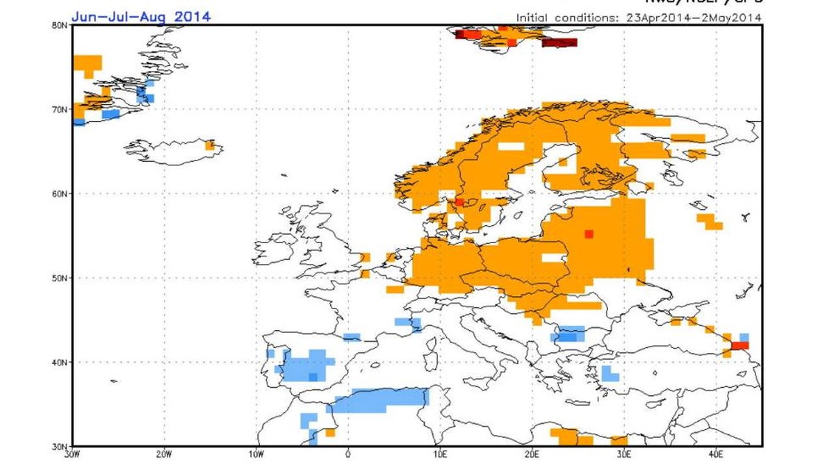 Die Prognose des US-amerikanischen Wetterdiensts NOAA prognostizierte überdurchschnittlich warme Temperaturen (gelb).&nbsp;
