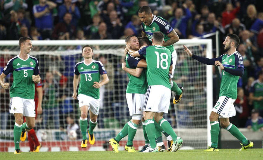 Northern Ireland&#039;s players celebrate after Chris Brunt scored a goal against Czech Republic&#039;s during the World Cup Group C qualifying soccer match between Northern Ireland and Czech Republic ...