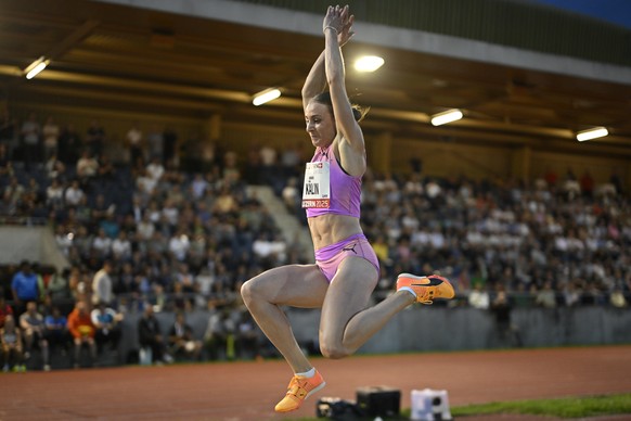 Annik Kaelin from Switzerland in action during the long jump competition at the International Athletics Meeting in Lucerne, Switzerland, on Tuesday, July 15, 2025. (KEYSTONE/Gian Ehrenzeller)