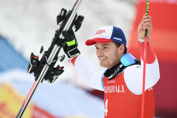 epa08187916 Second placed Loic Meillard of Switzerland celebrates during the winner?s ceremony for the Men&#039;s Giant Slalom at the FIS Alpine Skiing World Cup in Garmisch-Partenkirchen, Germany, 02 ...