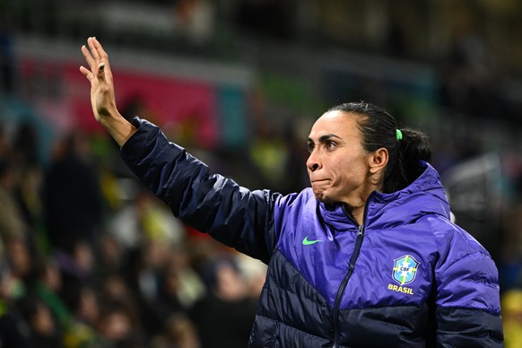 epaselect epa10781381 Marta of Brazil reacts after the FIFA Women&#039;s World Cup 2023 group F soccer match between Jamaica and Brazil at Melbourne Rectangular Stadium in Melbourne, Australia, 02 Aug ...