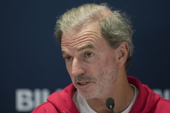 Heinz Guenthardt of Switzerland attends a practice session ahead of the Billie Jean King Cup finals at Emirates Arena in Glasgow, Monday, Nov. 7, 2022. (AP Photo/Kin Cheung)