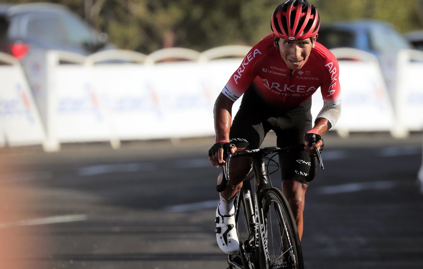 epa08666771 Colombian rider Nairo Quintana of Team Arkea-Samsic crosses the finish line of the 15th stage of the Tour de France over 174.5km from Lyon to Grand Colombier, France, 13 September 2020. EP ...