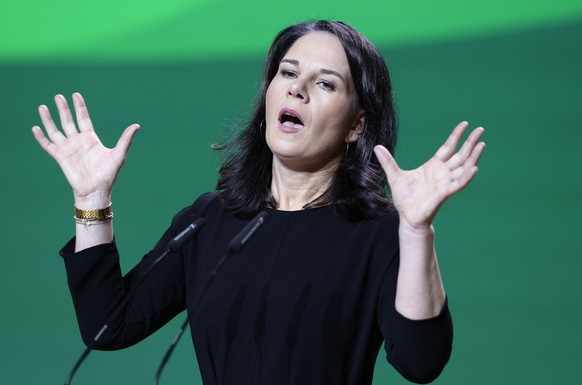 epa11723214 German Foreign Minister Annalena Baerbock speaks during a annual Federal Delegates Conference in Wiesbaden, Germany, 15 November 2024. The 50th annual Federal Delegates Conference 2024 of  ...