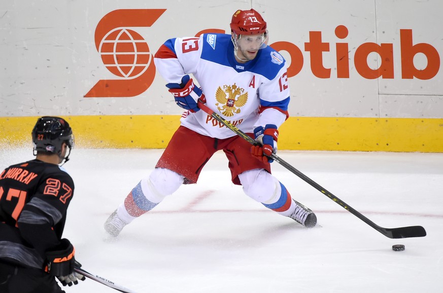 Sep 19, 2016; Toronto, Ontario, Canada; Team Russia forward Pavel Datysuk (13) looks to make a pass during a 4-3 win over Team North America in preliminary round play in the 2016 World Cup of Hockey a ...