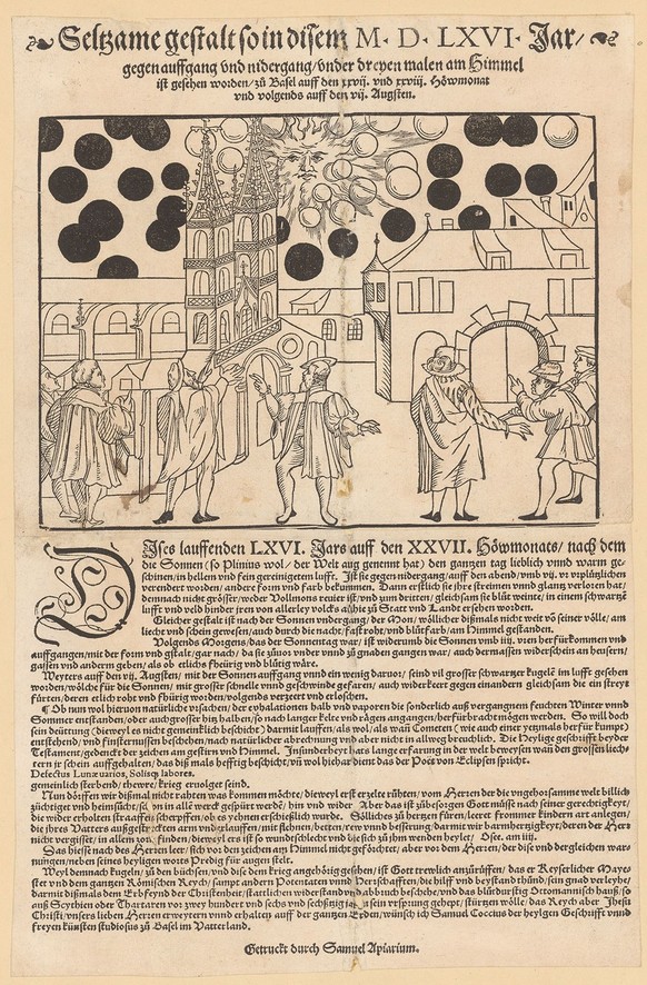 Die Himmelserscheinungen über Basel am 7. August 1566. Flugblatt von Samuel Apiarius und Samuel Coccius.
https://www.e-manuscripta.ch/zuzneb/content/titleinfo/2725175