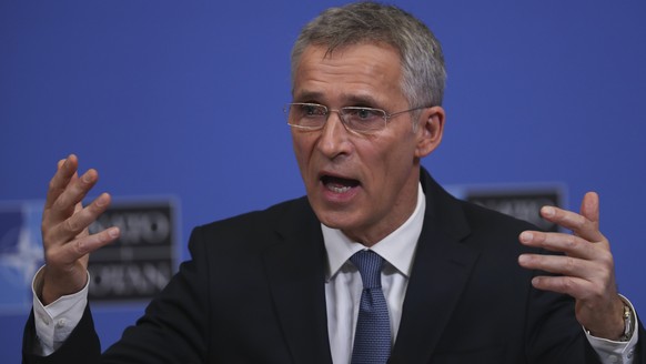 NATO&#039;s Secretary General Jens Stoltenberg gestures during a news conference at NATO headquarters in Brussels, Tuesday, Feb. 12, 2019. (AP Photo/Francisco Seco)