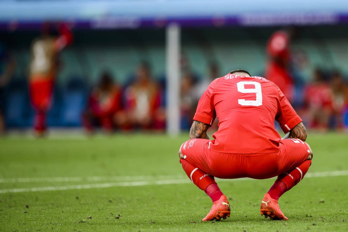 Switzerland's forward Haris Seferovic reacts during the FIFA World Cup Qatar 2022 group G soccer match between Switzerland and Cameroon at the Al-Janoub Stadium in Al-Wakrah, south of Doha, Qatar ...