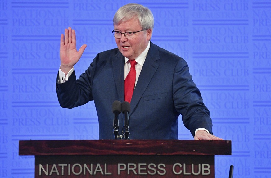 Former Australian Prime Minister Kevin Rudd speaks at the National Press Club in Canberra, Monday, Feb. 12, 2018. Rudd committed Australia to reducing the difference in life expectancies between Abori ...