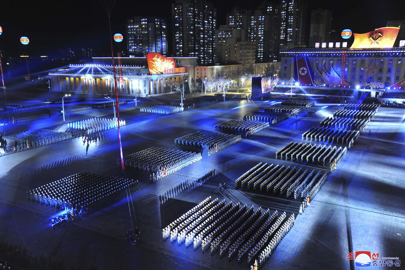 In this photo provided by the North Korean government, a military parade is held to mark the 75th founding anniversary of North Korea?s army at Kim Il Sung Square in Pyongyang, North Korea, Wednesday, ...