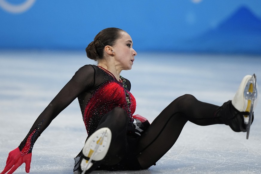 Kamila Valieva, of the Russian Olympic Committee, falls in the women&#039;s free skate program during the figure skating competition at the 2022 Winter Olympics, Thursday, Feb. 17, 2022, in Beijing. ( ...