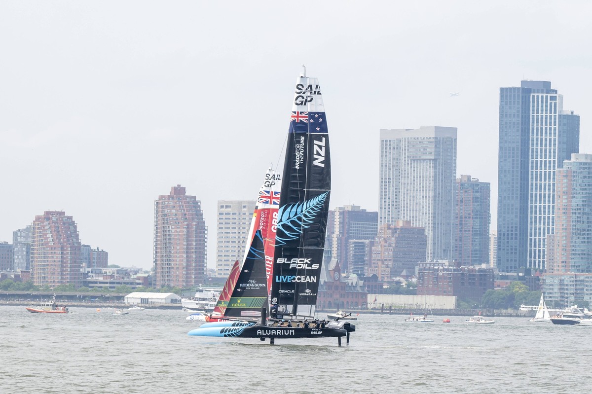 June 23, 2024, New York, United States: L-R Team Germany, Team Emirates GBR and Team New Zealand SailGP boats race in Fleet 4 on Day 2 of the Mubadala New York Sail Grand Prix at New York Harbor. Sail ...