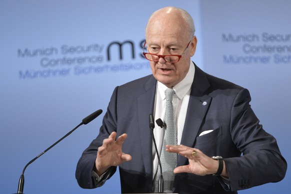 epa05803457 Staffan de Mistura, UN Special Envoy on Syria, speaks during the 53rd Munich Security Conference (MSC) in Munich, Germany, 19 February 2017. In their annual meeting, politicians and variou ...