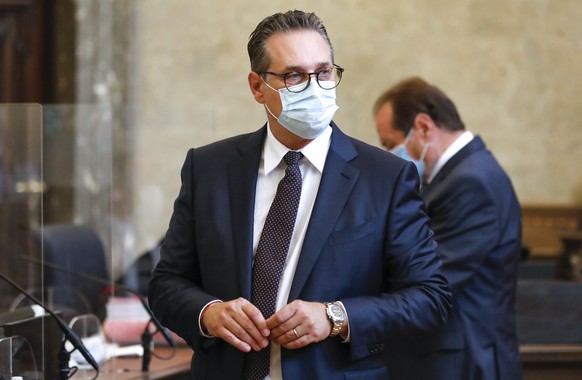 Former Freedom Party from leader Heinz-Christian Strache waits for the start of a trial in a courtroom in Vienna, Austria, Tuesday, July 6, 2021. Strache is accused of trying to change laws in order t ...
