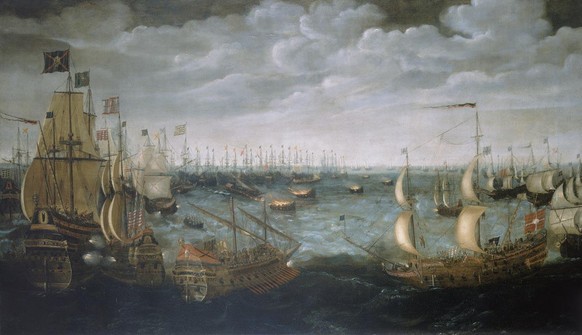 Englische Brander treiben auf die spanischen Schiffe zu.