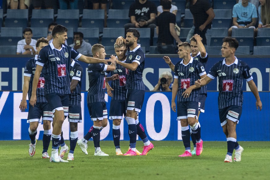 The players from Luzer reacts after the 1:0 goal at the Conference League game between Switzerlands`s FC Luzern against Djurgardens IF from Sweden at the Conference League Qualification round Thursday ...