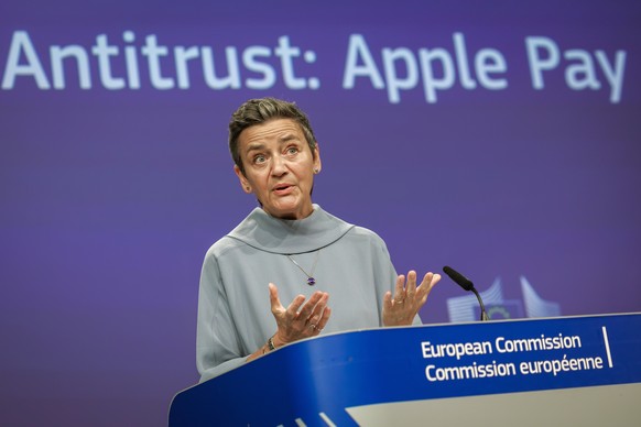 epa11472106 Executive Vice-President of the European Commission in charge of Europe fit for the Digital Age and Commissioner for Competition Margrethe Vestager attends a press conference on the Apple  ...