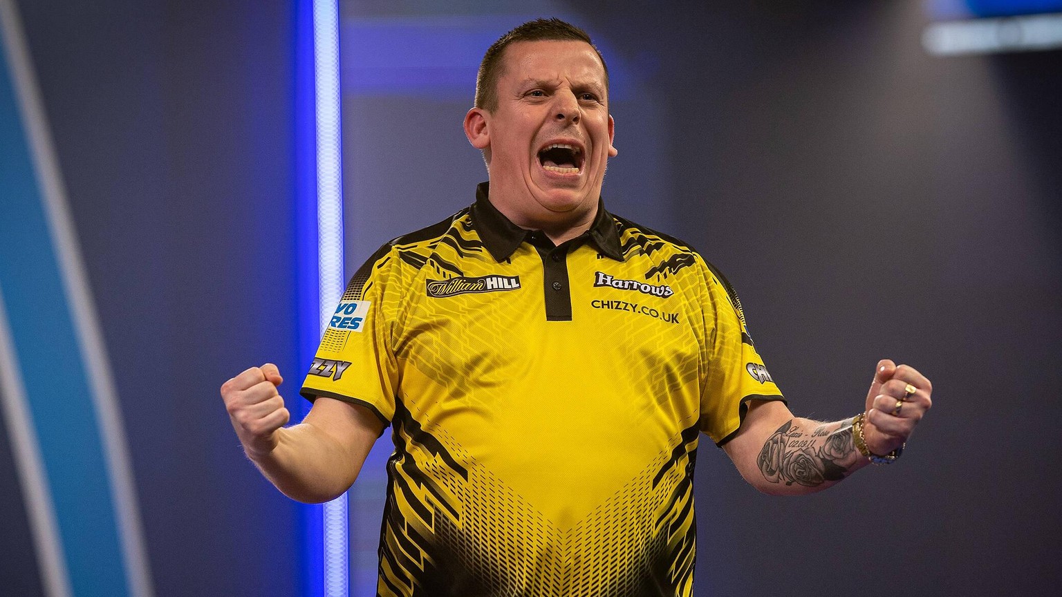 William Hill World Darts Championship 30/12/2020. Dave Chisnall England wins and celebrates during the Fourth Round of the William Hill World Darts Championship at Alexandra Palace, London, United Kin ...