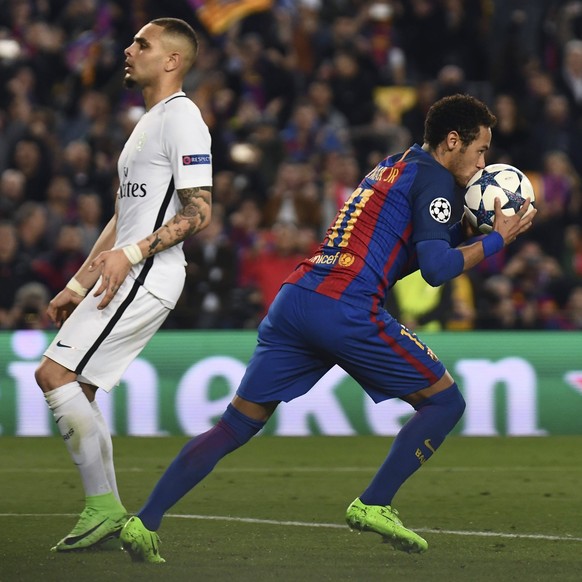 Mandatory Credit: Photo by Bagu Blanco/Bpi/Shutterstock 8488529bt Neymar da Silva Santos of FC Barcelona, Barca kisses the ball after scoring goal 5-1 during the UEFA Champions League match, Round of  ...
