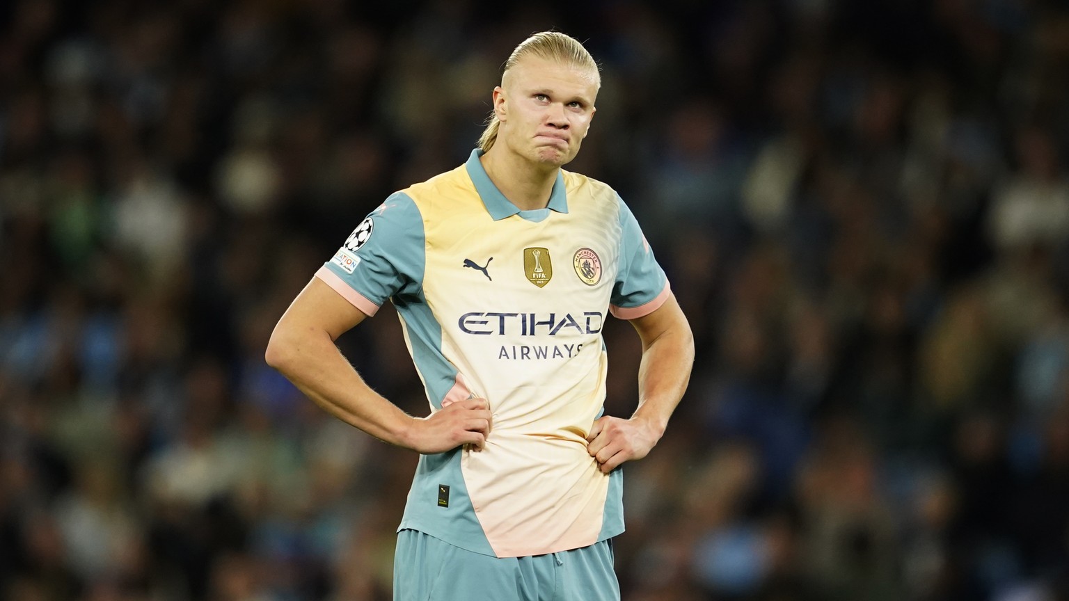 Manchester City&#039;s Erling Haaland reacts after a missed scoring opportunity during the Champions League opening phase soccer match between Manchester City and Inter Milan at the Etihad Stadium, in ...